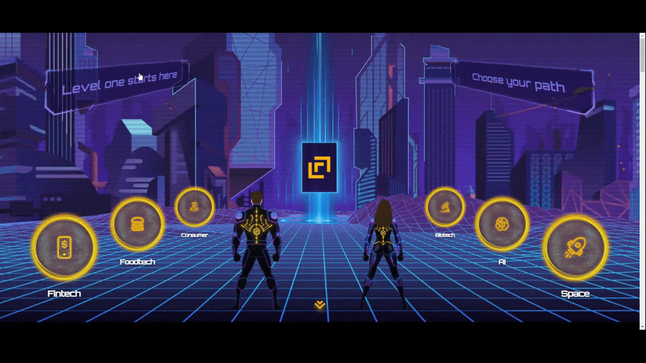 Level One Fund homepage A GIF showing what the dark themed homepage of the Level One Fund looks like. Most of it is all black. The exceptions are the hero section that looks like a playable video game with glowing orbs for Fintech, Foodtech, Consumer, Biotech, AI, and Space. The footer also has a Tron-inspired digital landscape look to it.