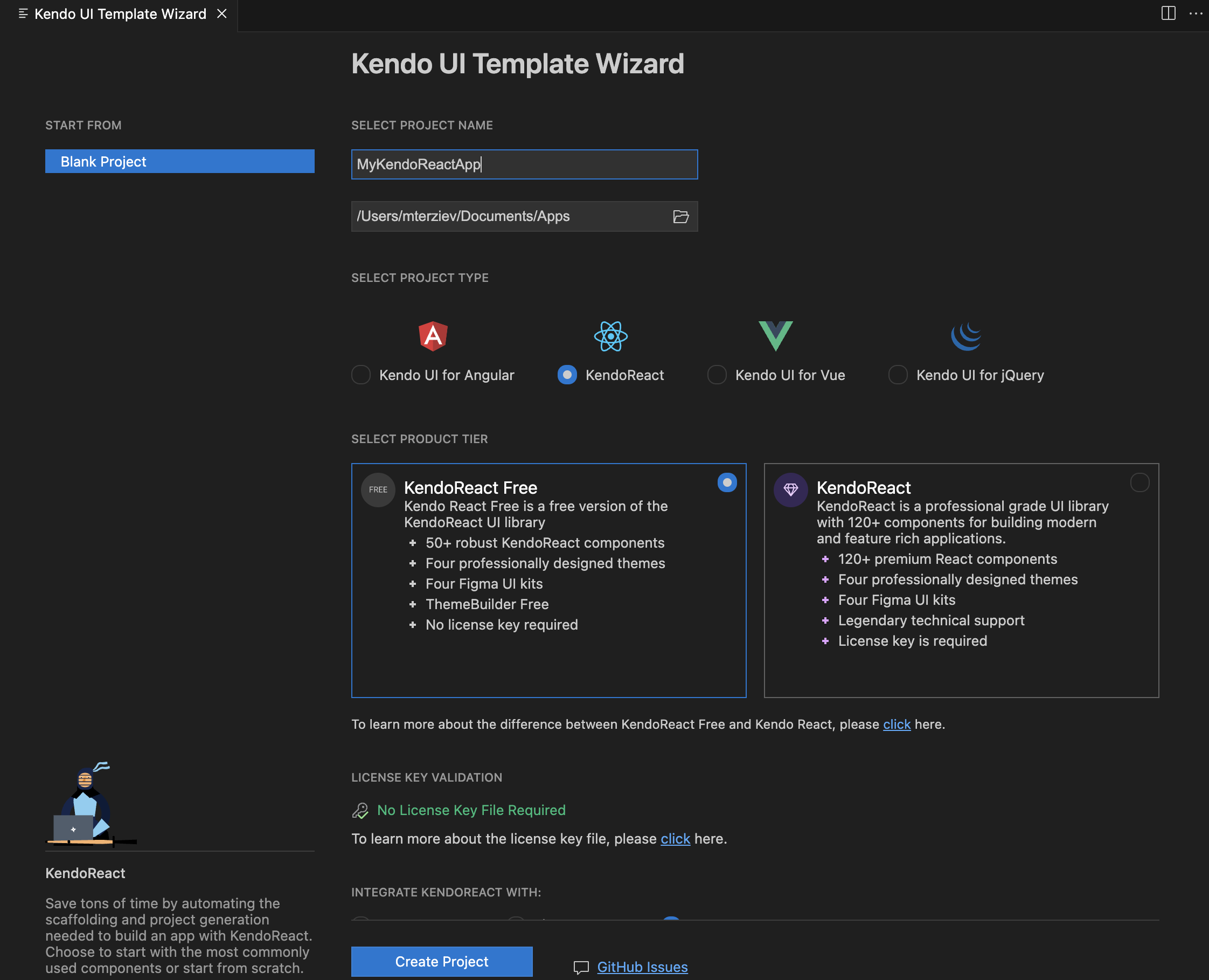 The Set a project name and location and create it dialog in the Kendo UI Template Wizard for VS Code