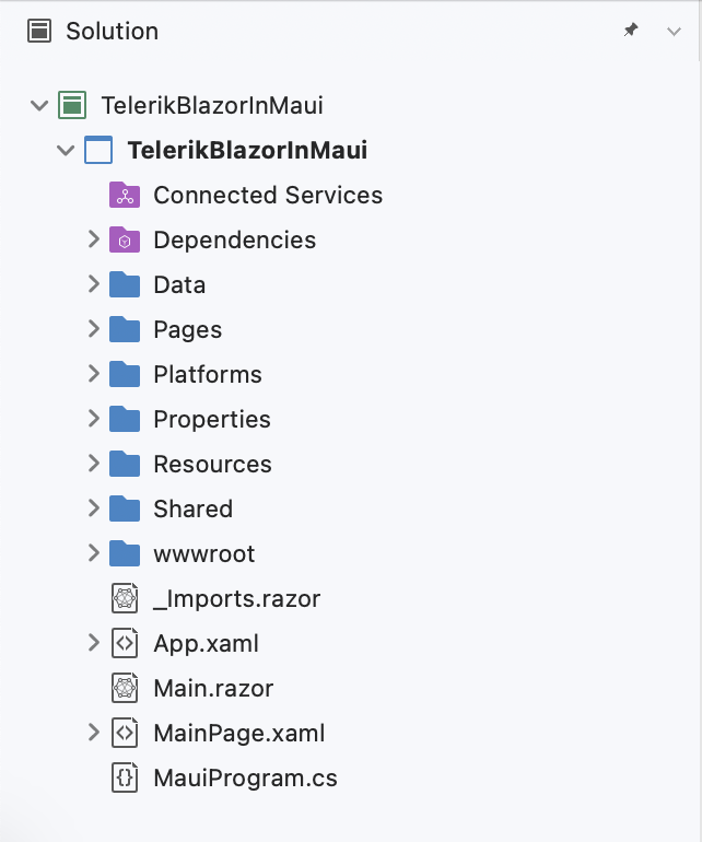 Project menu for TelerikBlazorInMaui includes Pages, Shared and wwwroot folders