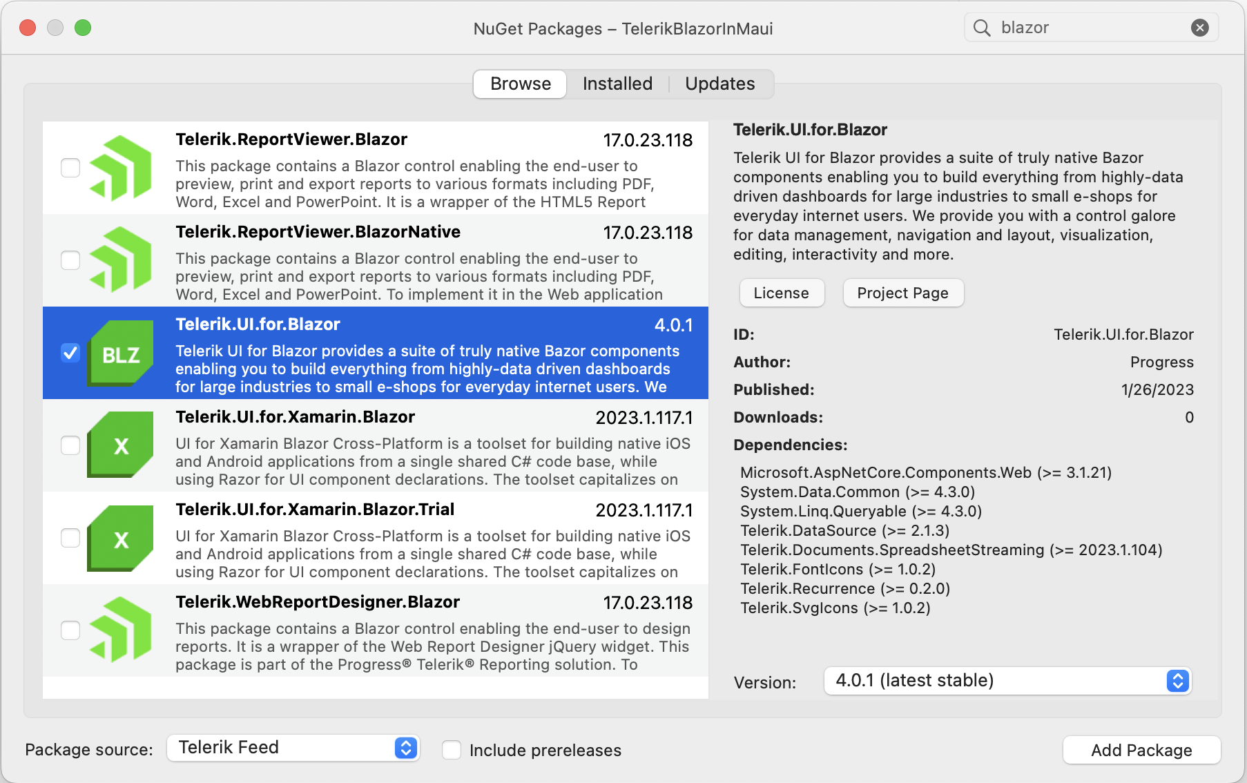 Telerik UI for Blazor NuGet