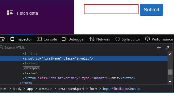 Submitting without first name will fail, get invalid class Trying to submit the form without a first name fails, and the class displays invalid