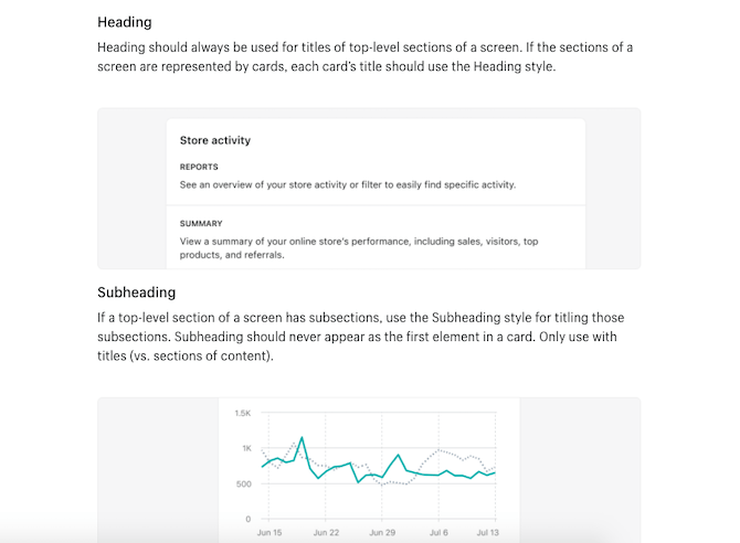 Shopify design system - typography guide The Shopify design system explains to designers when to use the heading and subheading styles within its pages. Examples are provided to show how headings are used for titles of top-level sections while subheadings are used for sections beneath.